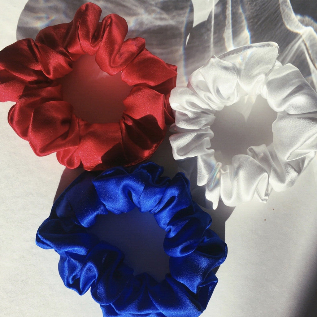 red white and blue silk scrunchies